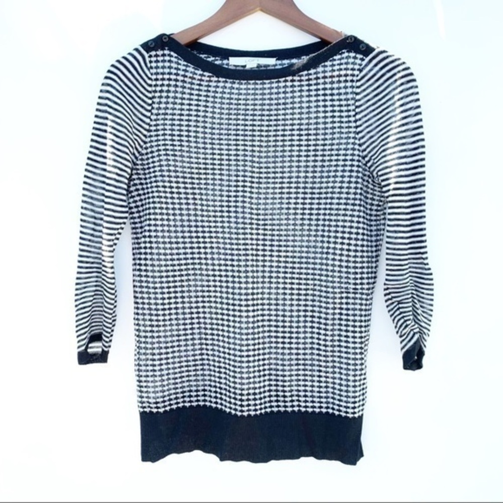 Loft Women’s X Small Knit Black White Stripe 3/4 Sleeve Sweater Top XS Spring